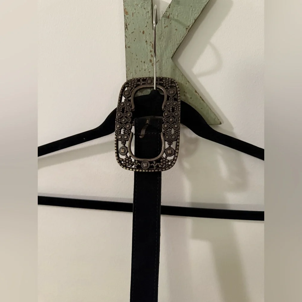 Free People Black Leather Belt with Ornate Antique Silver Buckle